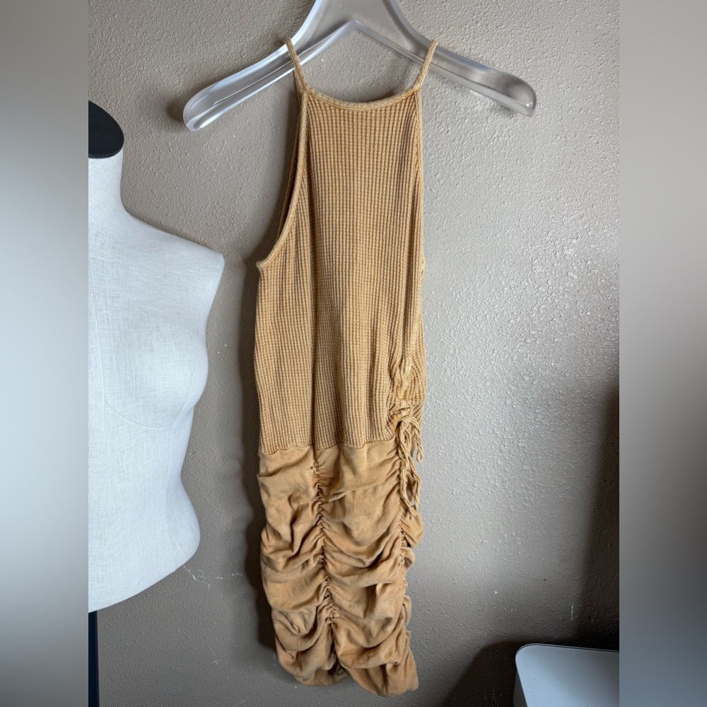 NEW Free People ONE Katya thermal ruched mini dress in sand size small